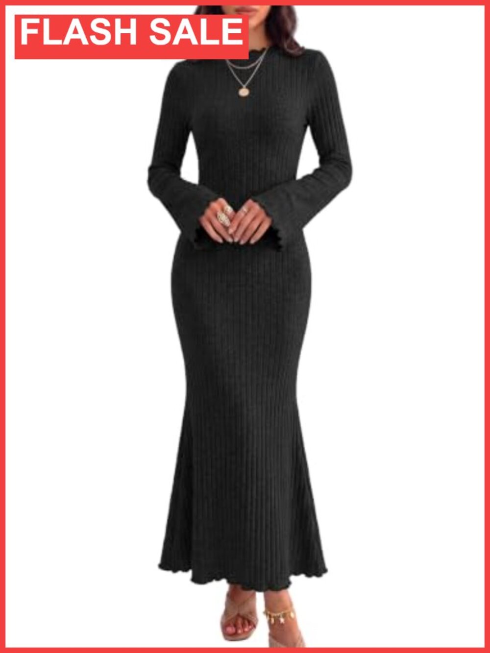 Maternity Bell Sleeve Bodycon Sweater Dress Ruffle Neck Ribbed Knit